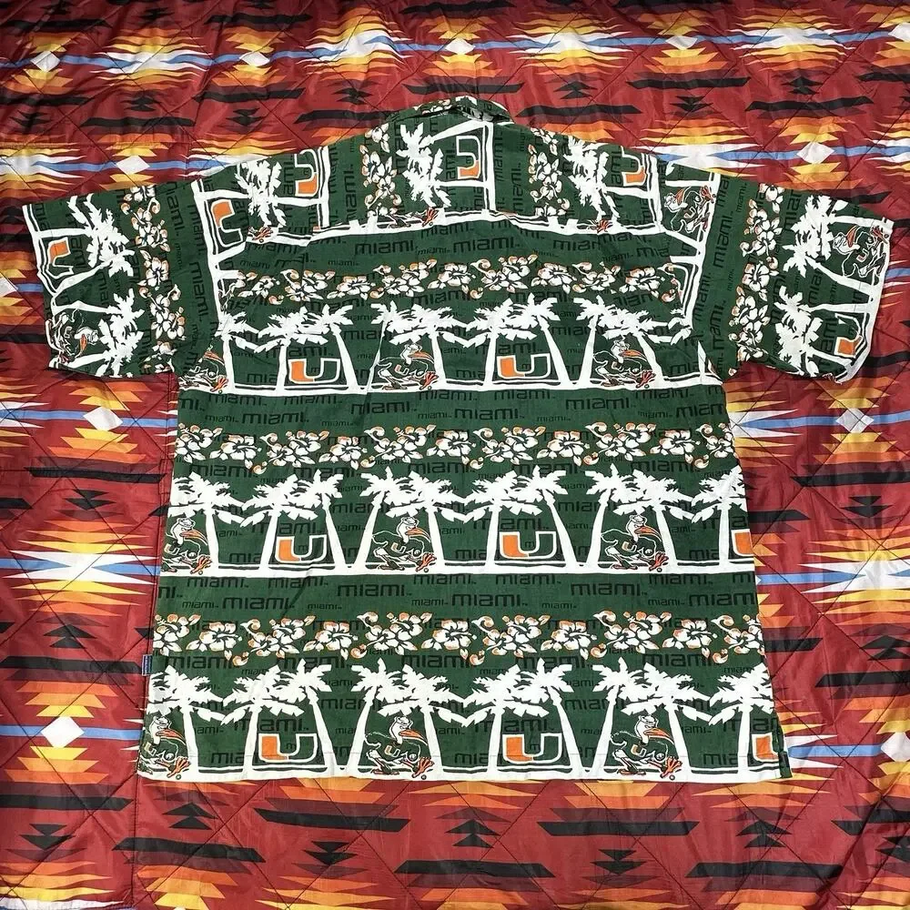 University Of Miami Hurricanes Green Button Up Hawaiian Shirt Men’s Size 2XL